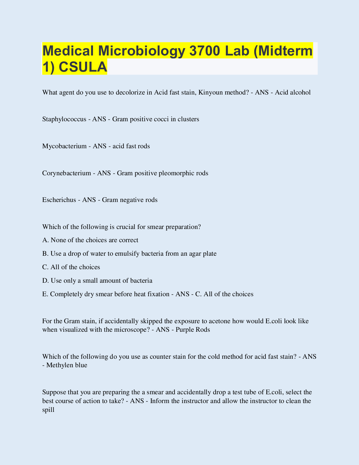 Preview of Medical Microbiology 3700 Lab (Midterm 1) CSULA | 70 Questions with 100% Correct Answers |